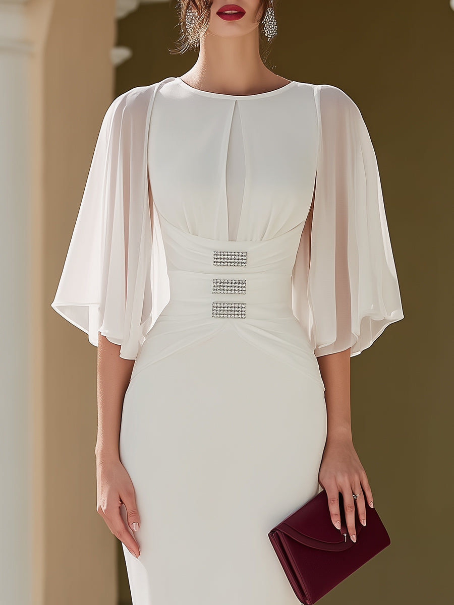 Olivia Bennet | Ivory Cape-Sleeve Embellished-Waist Midi Dress