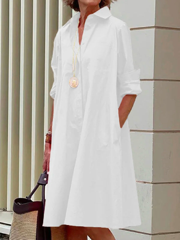 Olivia Bennet | Simple Long Sleeves Solid Color Lapel Midi Dress