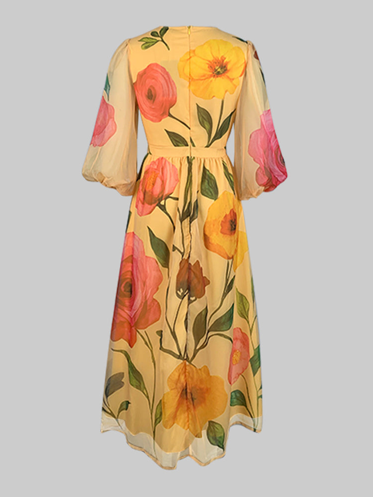 Olivia Bennet | Loose Puff Sleeves Flower Print See-Through Round-Neck Midi Dresses