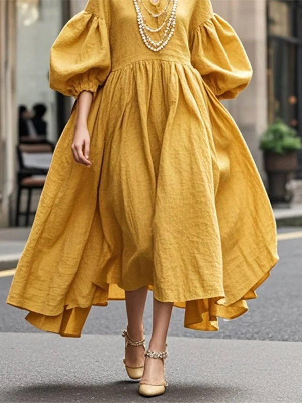 Olivia Bennet | Loose Puff Sleeves Solid Color Round-neck Maxi Dresses