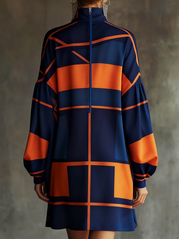 Olivia Bennet | Long Sleeves Loose Contrast Color Pleated Pockets Split-Joint Zipper High Neck Mini Dresses
