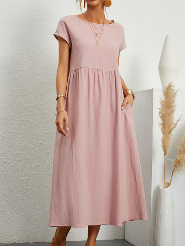 Olivia Bennet | Loose Short Sleeves Pleated Solid Color Round-Neck Midi Dresses