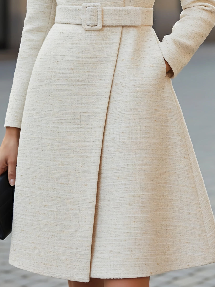 Olivia Bennet | Elegant Belted High-Neck Wool Blend Dress