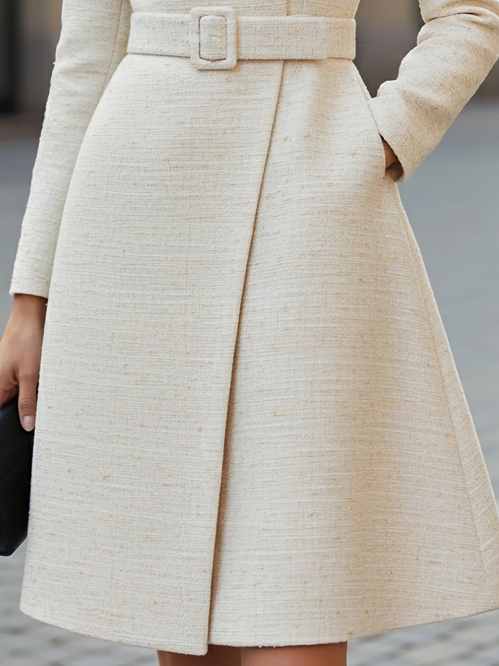 Olivia Bennet | Elegant Belted High-Neck Wool Blend Dress