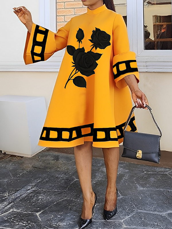 Olivia Bennet | A-Line Flared Sleeves Flower Print Split-Joint Mock Neck Midi Dresses