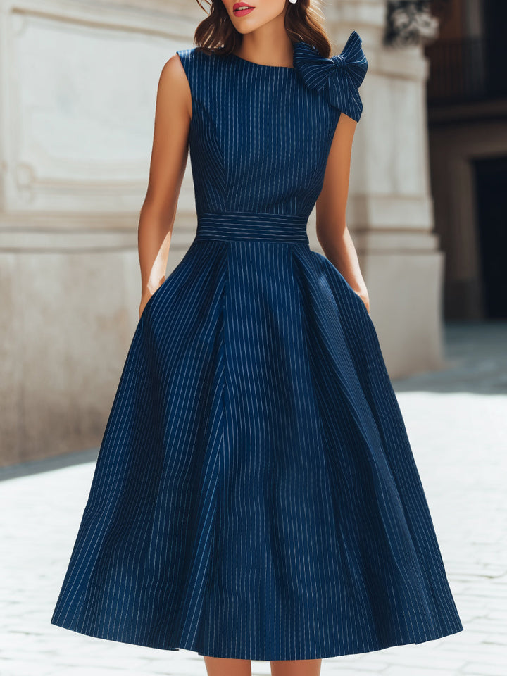 Olivia Bennet | Bow Shoulder Pinstripe A-Line Midi Dress