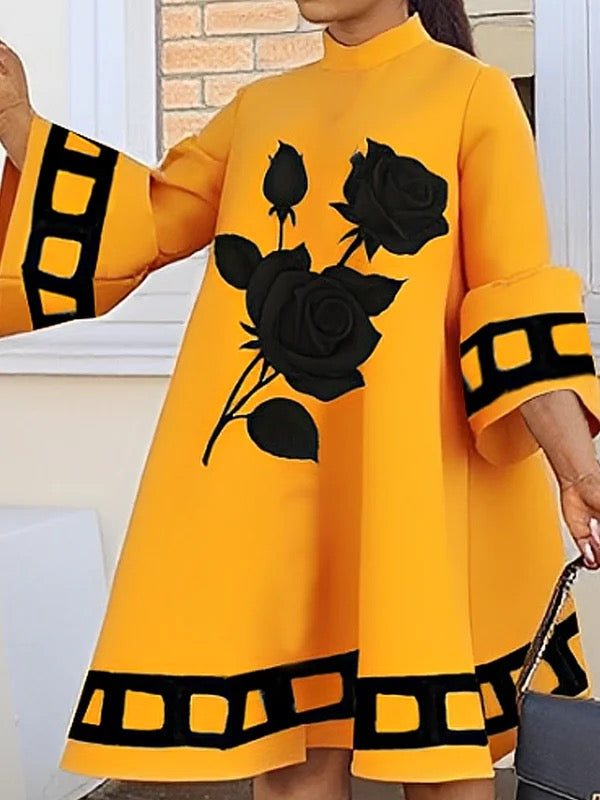 Olivia Bennet | A-Line Flared Sleeves Flower Print Split-Joint Mock Neck Midi Dresses