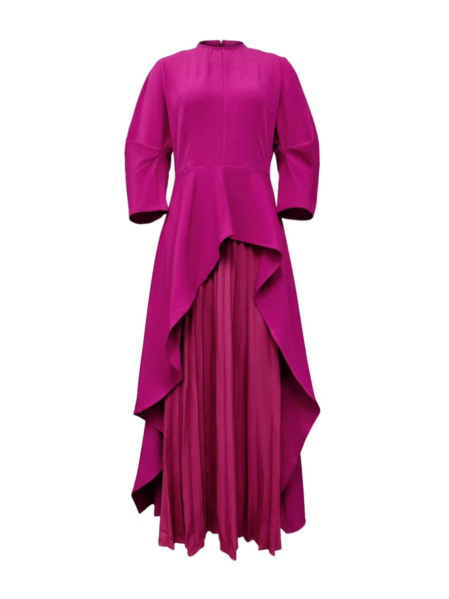 Olivia Bennet | Long Sleeves Loose Pleated Solid Color Split-Joint Tiered Round-Neck Maxi Dresses