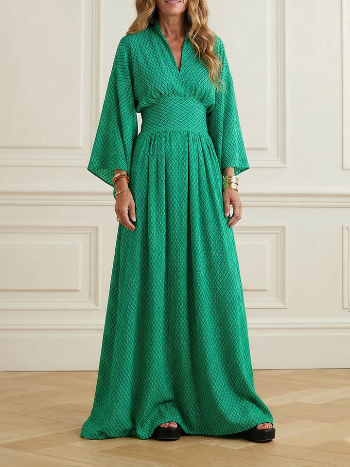 Olivia Bennet | Raglan Sleeve Pleated Split-Joint V-Neck Maxi Dresses