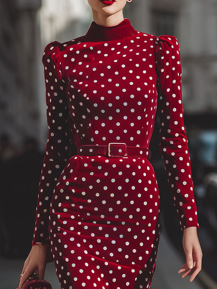 Olivia Bennet | Red Polka Dot Midi Velvet Dress