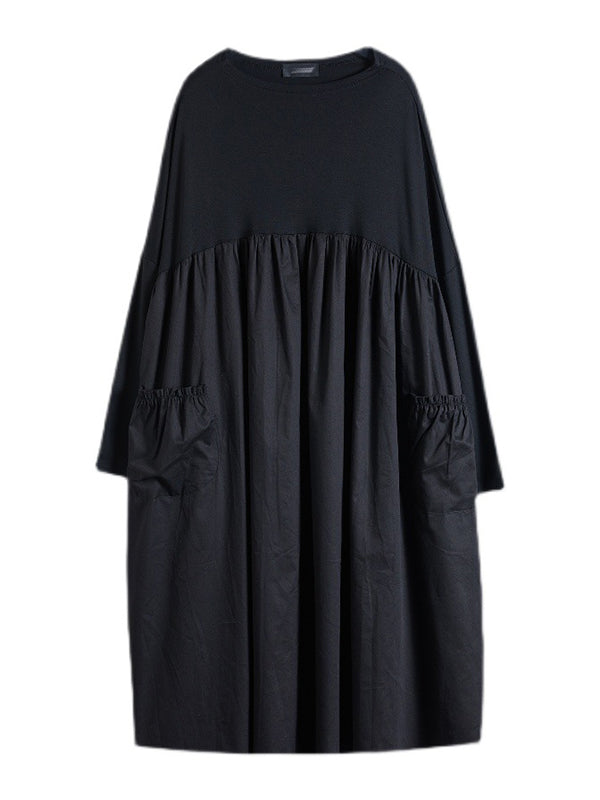 Olivia Bennet | Simple Loose Black Split-Joint Long Sleeves Midi Dress