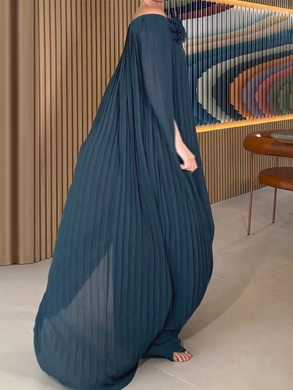 Olivia Bennet | Loose Gauze Pleated Solid Color Tiered Off-The-Shoulder Evening Dresses Maxi Dresses