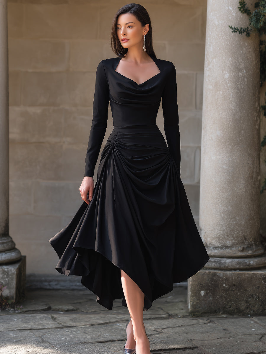 Olivia Bennet | Black Asymmetric Sculpted-Waist Midi Dress