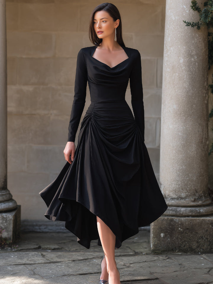 Olivia Bennet | Black Asymmetric Sculpted-Waist Midi Dress