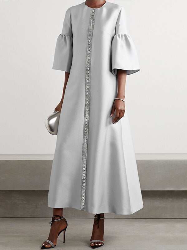 Olivia Bennet | Flared Sleeves Half Sleeves Shiny Solid Color Round-Neck Midi Dresses