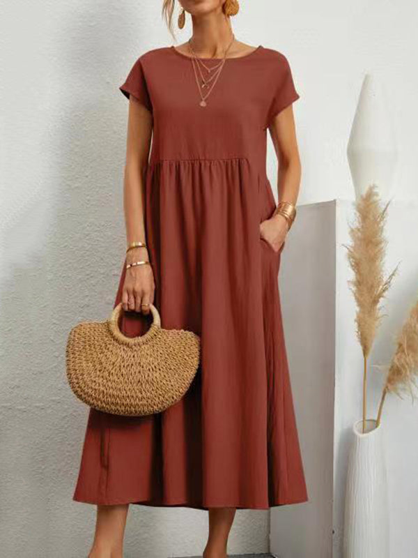 Olivia Bennet | Loose Short Sleeves Pleated Solid Color Round-Neck Midi Dresses