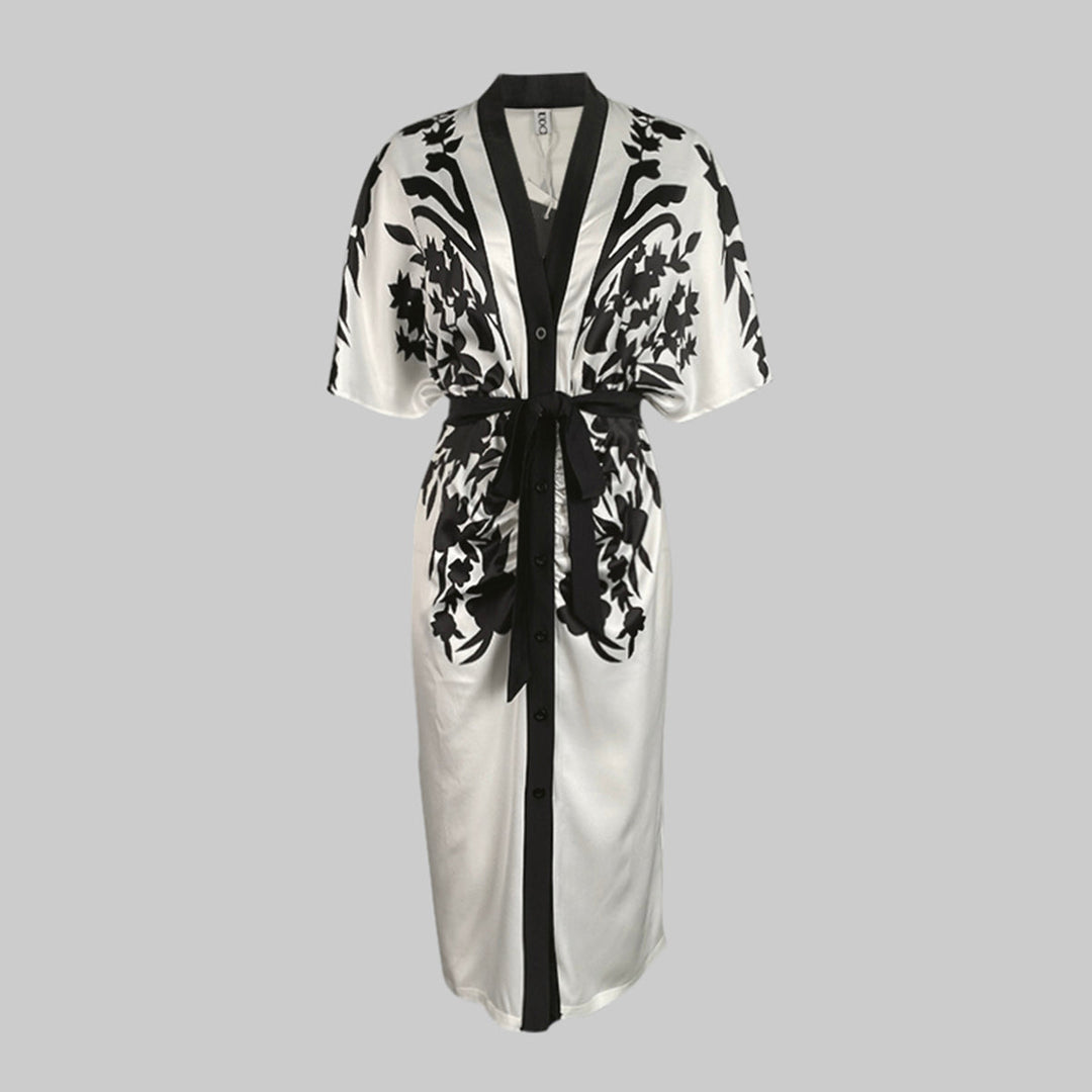 Olivia Bennet | Half Sleeves Flower Print Printed Tied Waist V-Neck Midi Dresses