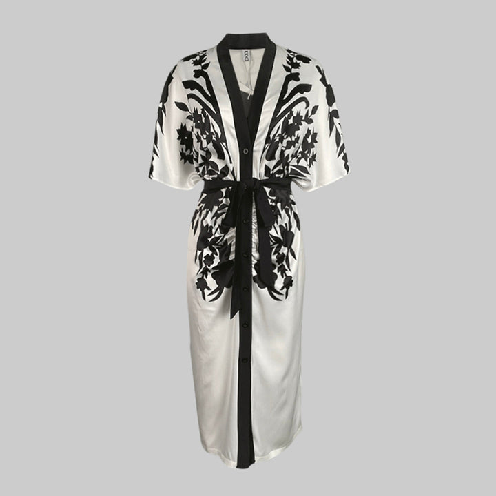 Olivia Bennet | Half Sleeves Flower Print Printed Tied Waist V-Neck Midi Dresses