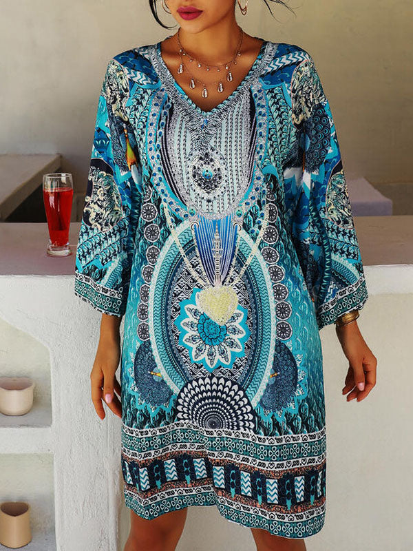 Olivia Bennet | A-Line Flared Sleeves Printed Split-Joint V-Neck Mini Dresses