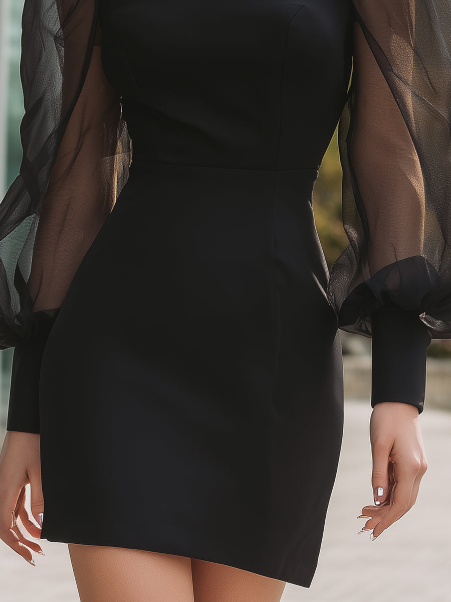 Olivia Bennet | Black Structured Puff-Sleeve Sheer Mini Dress