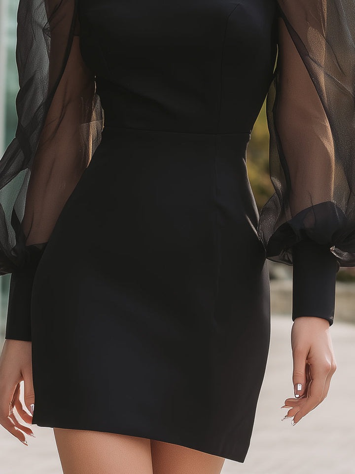 Olivia Bennet | Black Structured Puff-Sleeve Sheer Mini Dress