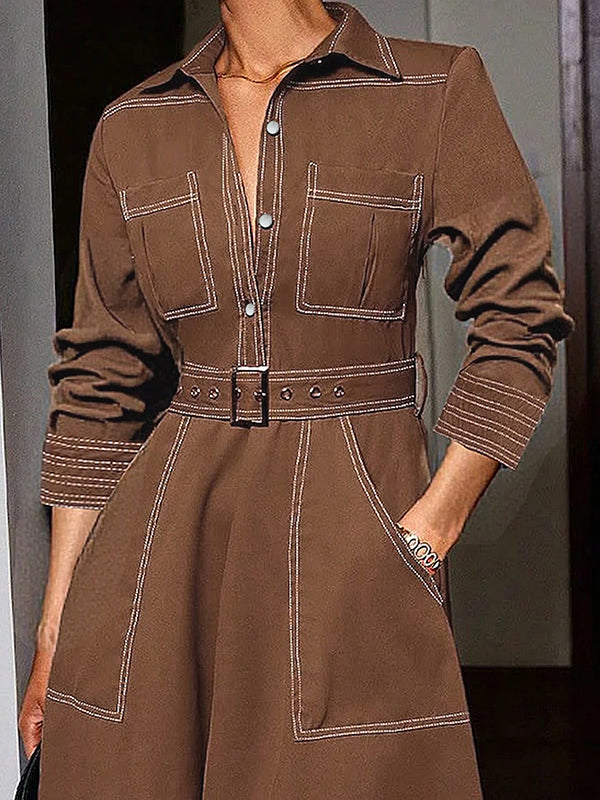 Olivia Bennet | Long Sleeves Loose Buttoned Elasticity Pockets Solid Color Lapel Maxi Dresses