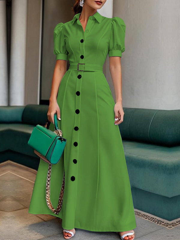 Olivia Bennet | Puff Sleeves Short Sleeves Belted Buttoned Solid Color Lapel Maxi Dresses Shirt Dress