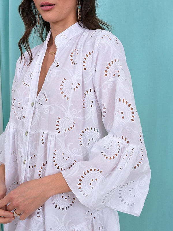 Olivia Bennet | A-Line Flared Sleeves Buttoned Hollow Solid Color Split-Joint V-Neck Mini Dresses