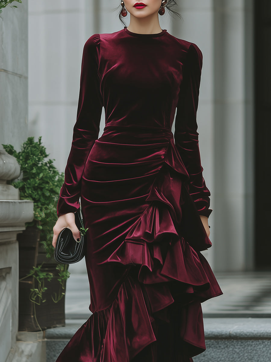 Olivia Bennet | Ivory Long-Sleeve Tiered Ruffle Chiffon Evening Gown