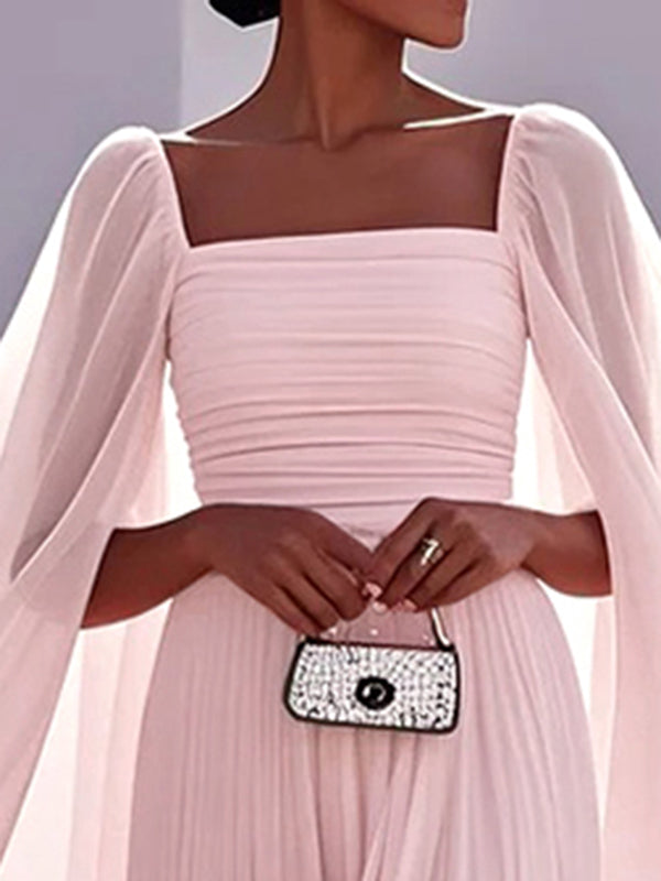 Olivia Bennet | Cape Gauze Pleated Split-Joint Square-Neck Evening Dresses Maxi Dresses