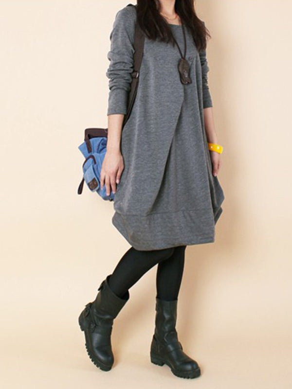 Olivia Bennet | A-line Long Sleeves Pleated Solid Color Round-neck Dresses Maxi Dresses
