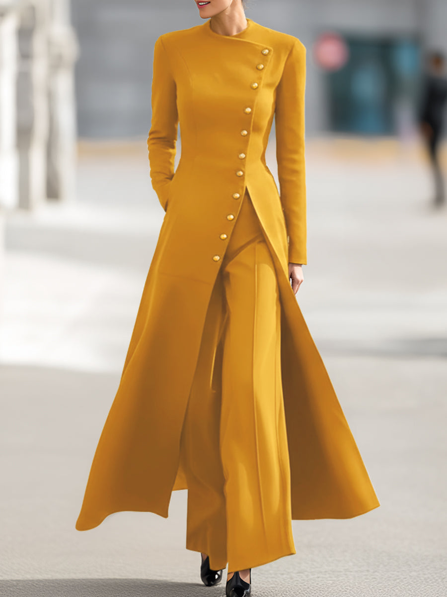 Olivia Bennet | High Waisted Long Sleeves Buttoned Solid Color Split-Front Round-Neck Midi Dresses