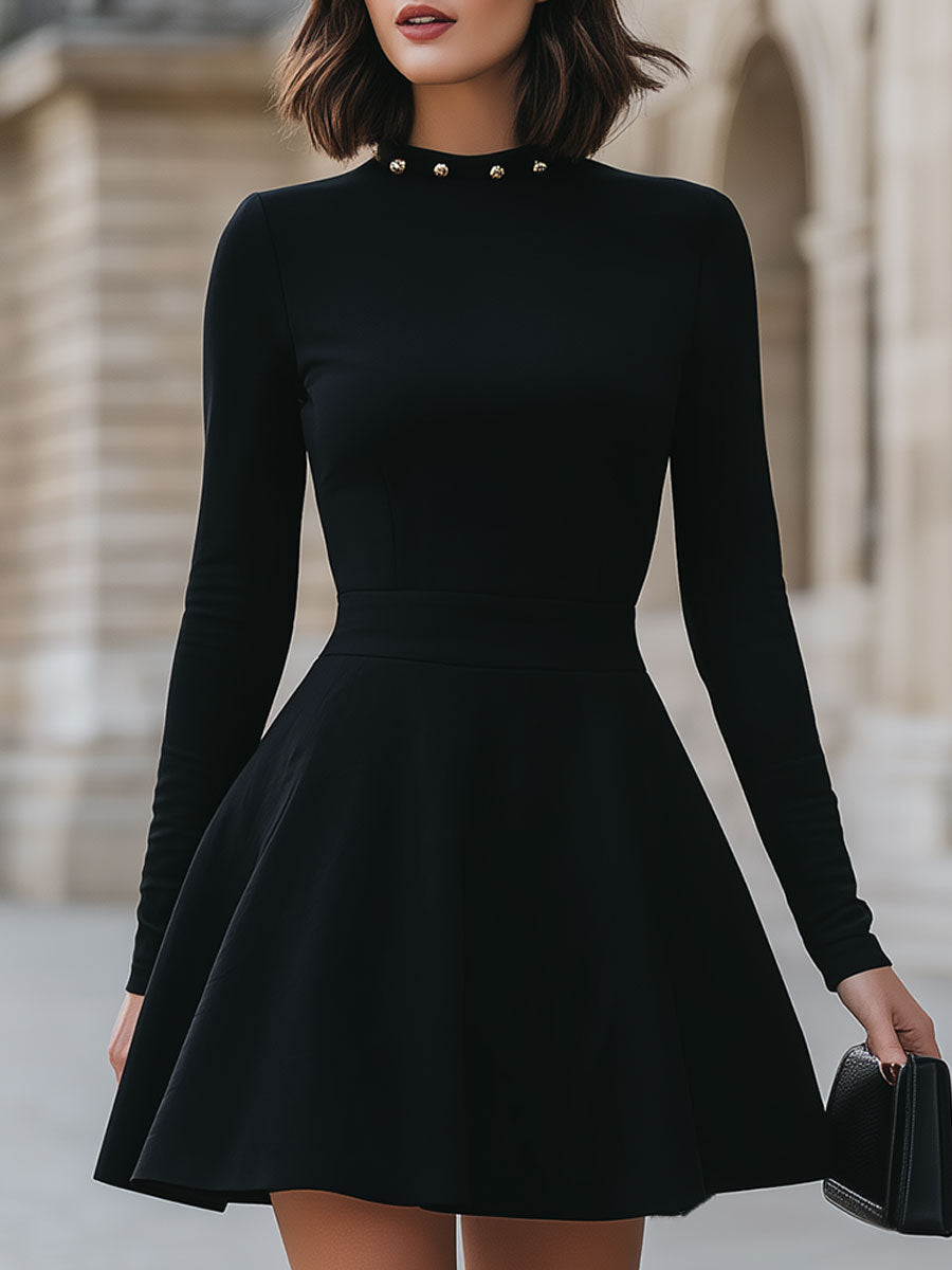 Olivia Bennet | Black Studded Neckline Satin Dress