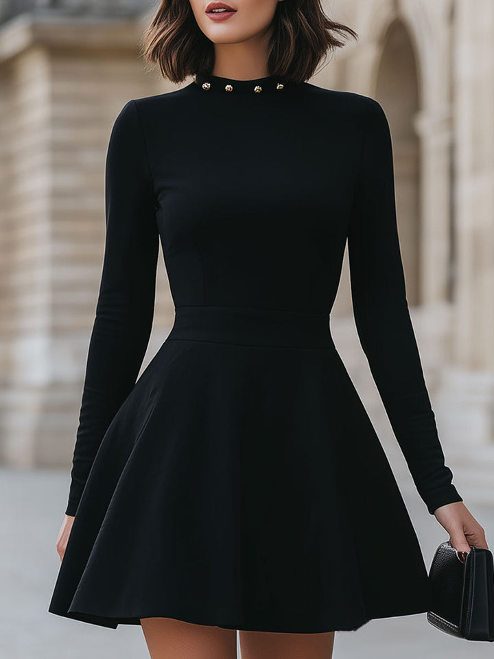 Olivia Bennet | Black Studded Neckline Satin Dress