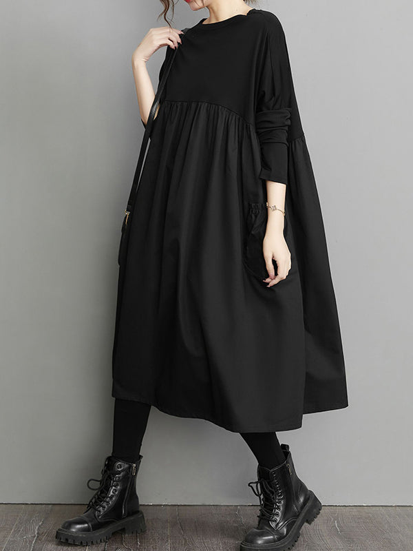 Olivia Bennet | Simple Loose Black Split-Joint Long Sleeves Midi Dress