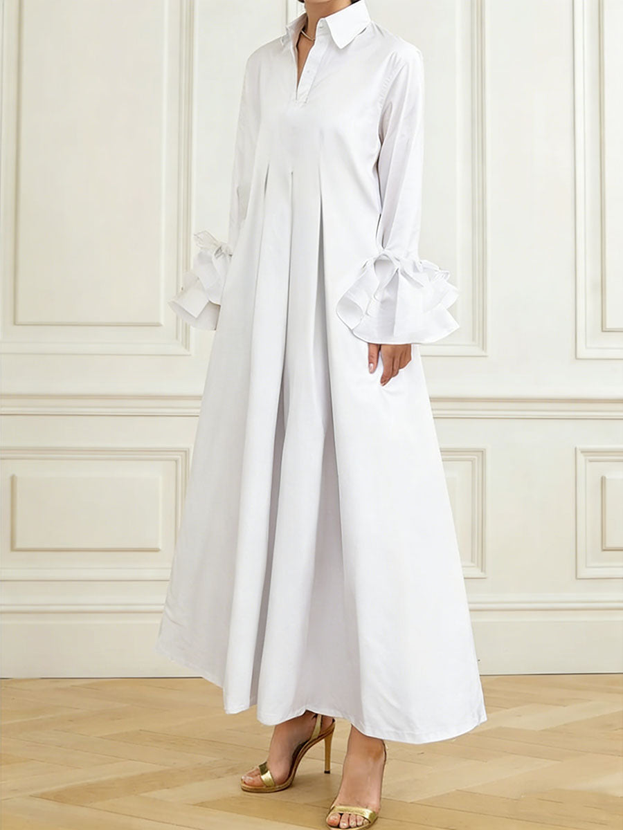 Olivia Bennet | Flared Sleeves Pleated Solid Color Split-Joint Lapel Maxi Dresses Shirt Dress