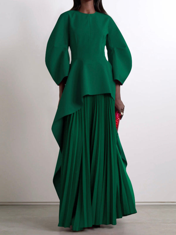 Olivia Bennet | Long Sleeves Loose Pleated Solid Color Split-Joint Tiered Round-Neck Maxi Dresses