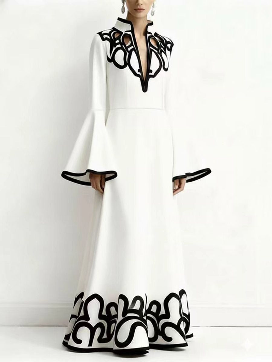 Olivia Bennet | A-Line Flared Sleeves Abstract Printed Contrast Color Hollow Line Split-Joint Stand Collar Maxi Dresses