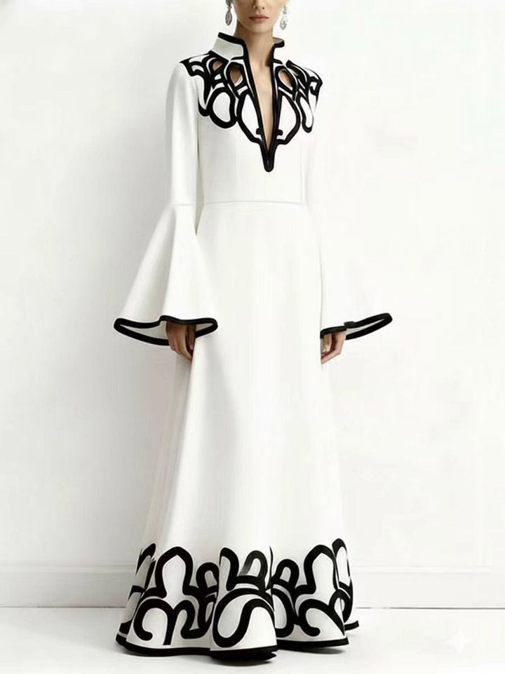 Olivia Bennet | A-Line Flared Sleeves Abstract Printed Contrast Color Hollow Line Split-Joint Stand Collar Maxi Dresses
