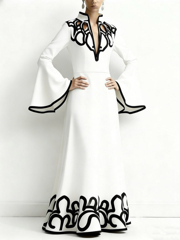 Olivia Bennet | A-Line Flared Sleeves Abstract Printed Contrast Color Hollow Line Split-Joint Stand Collar Maxi Dresses