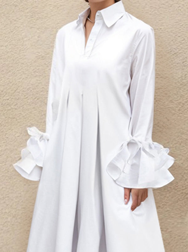 Olivia Bennet | Flared Sleeves Pleated Solid Color Split-Joint Lapel Maxi Dresses Shirt Dress