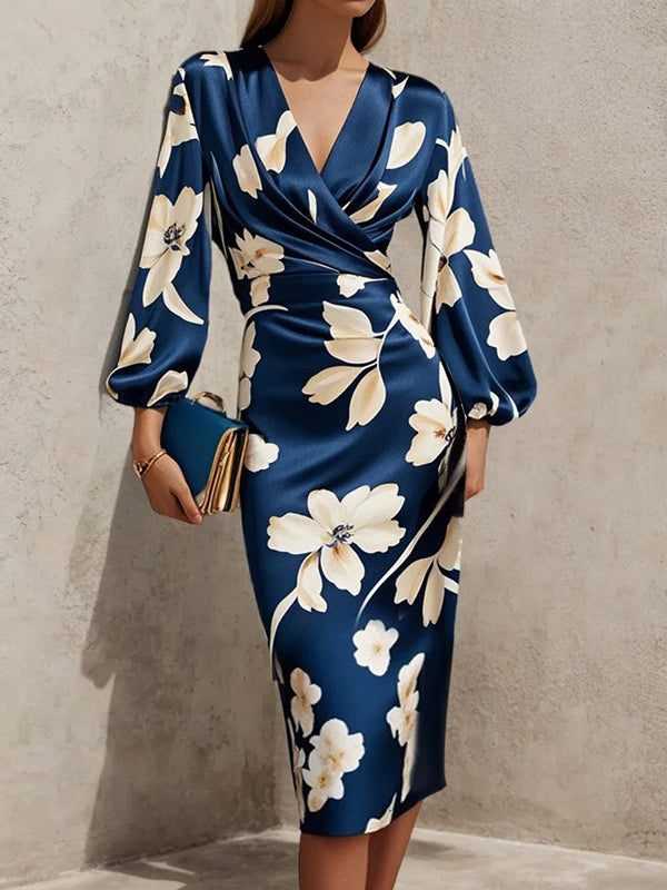 Olivia Bennet | Loose Puff Sleeves Floral Printed Pleated Split-Joint V-Neck Midi Dresses