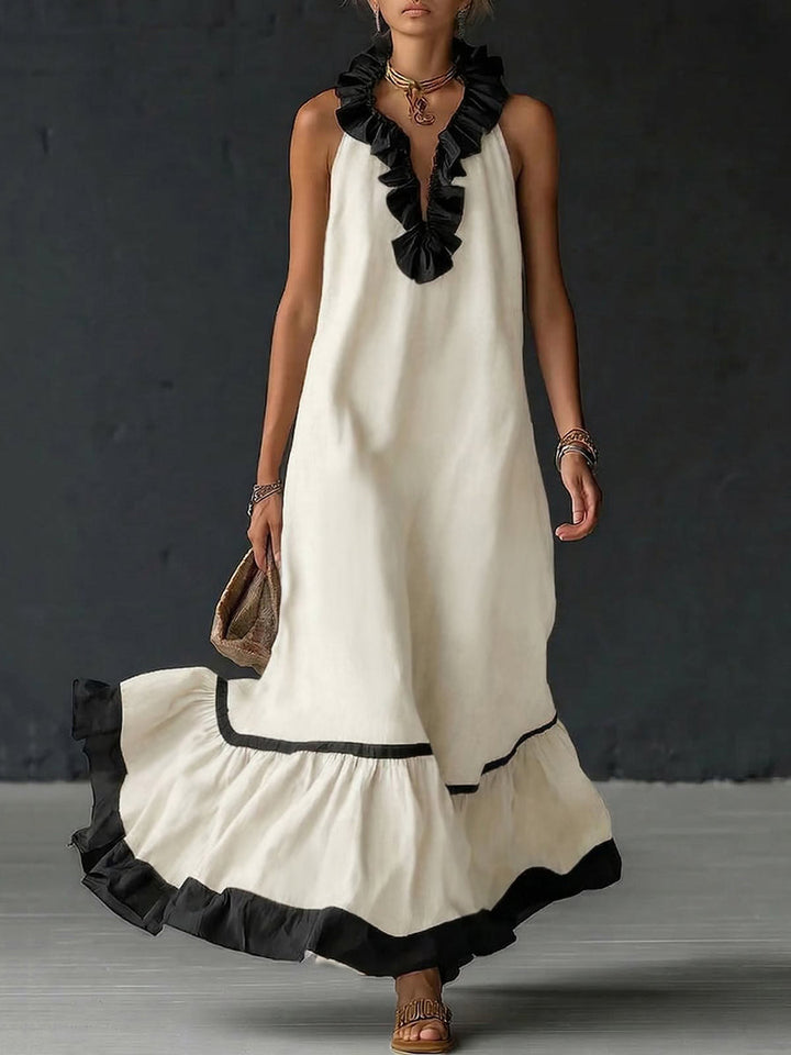 Olivia Bennet | A-Line Loose Contrast Color Pleated Ruffle Trim Split-Joint V-Neck Maxi Dresses
