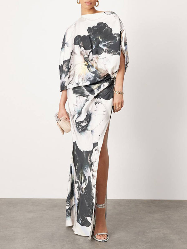 Olivia Bennet | Batwing Sleeves Loose Asymmetric Floral Printed Split-Joint Split-Side One-Shoulder Evening Dresses Maxi Dresses