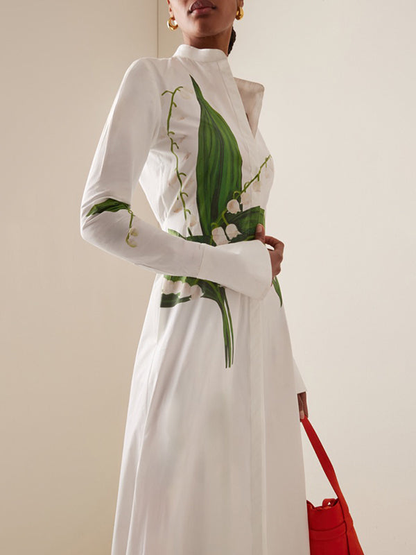 Olivia Bennet | A-Line Long Sleeves Buttoned Flower Print Round-Neck Maxi Dresses