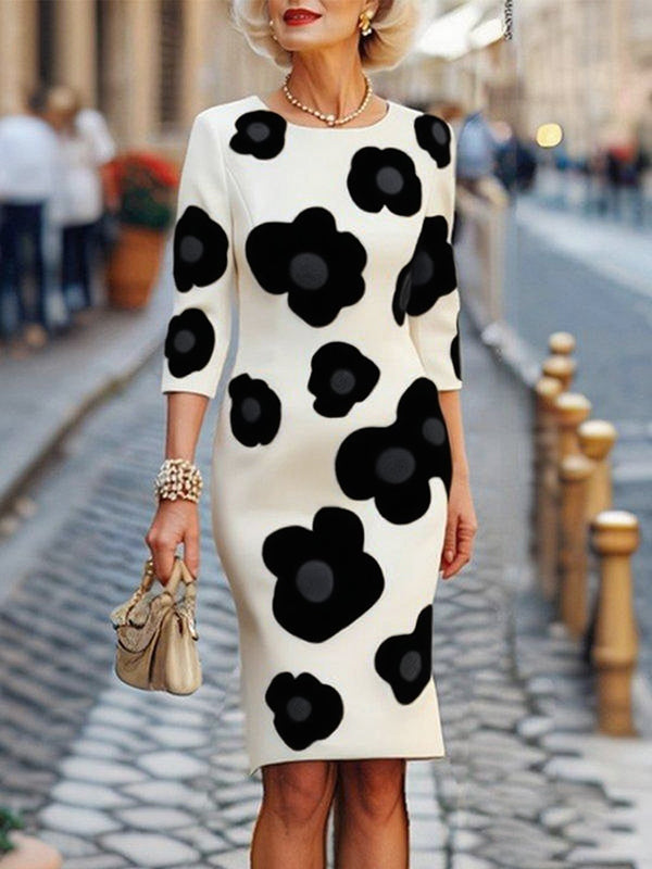 Olivia Bennet | Three-Quarter Sleeves Flower Print Round-Neck Midi Dresses
