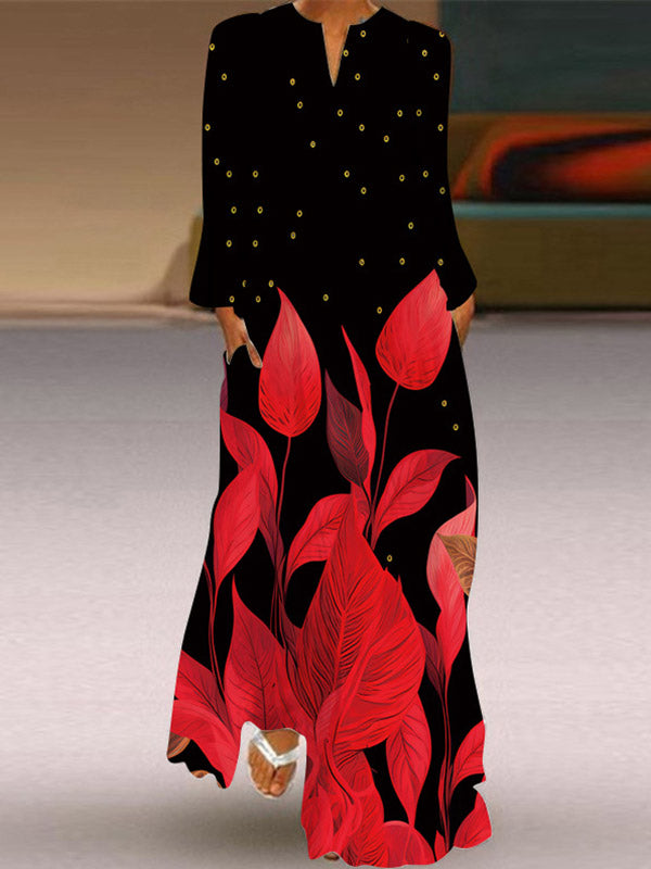 Olivia Bennet | Long Sleeves Loose Contrast Color Printed Split-Joint V-Neck Maxi Dresses