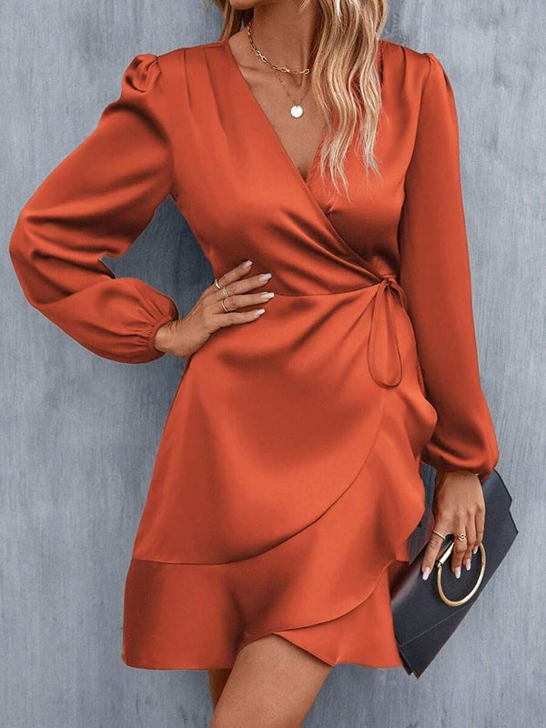 Olivia Bennet | High Waisted High-Low Elasticity Pleated Solid Color Split-Joint Tied V-Neck Mini Dresses