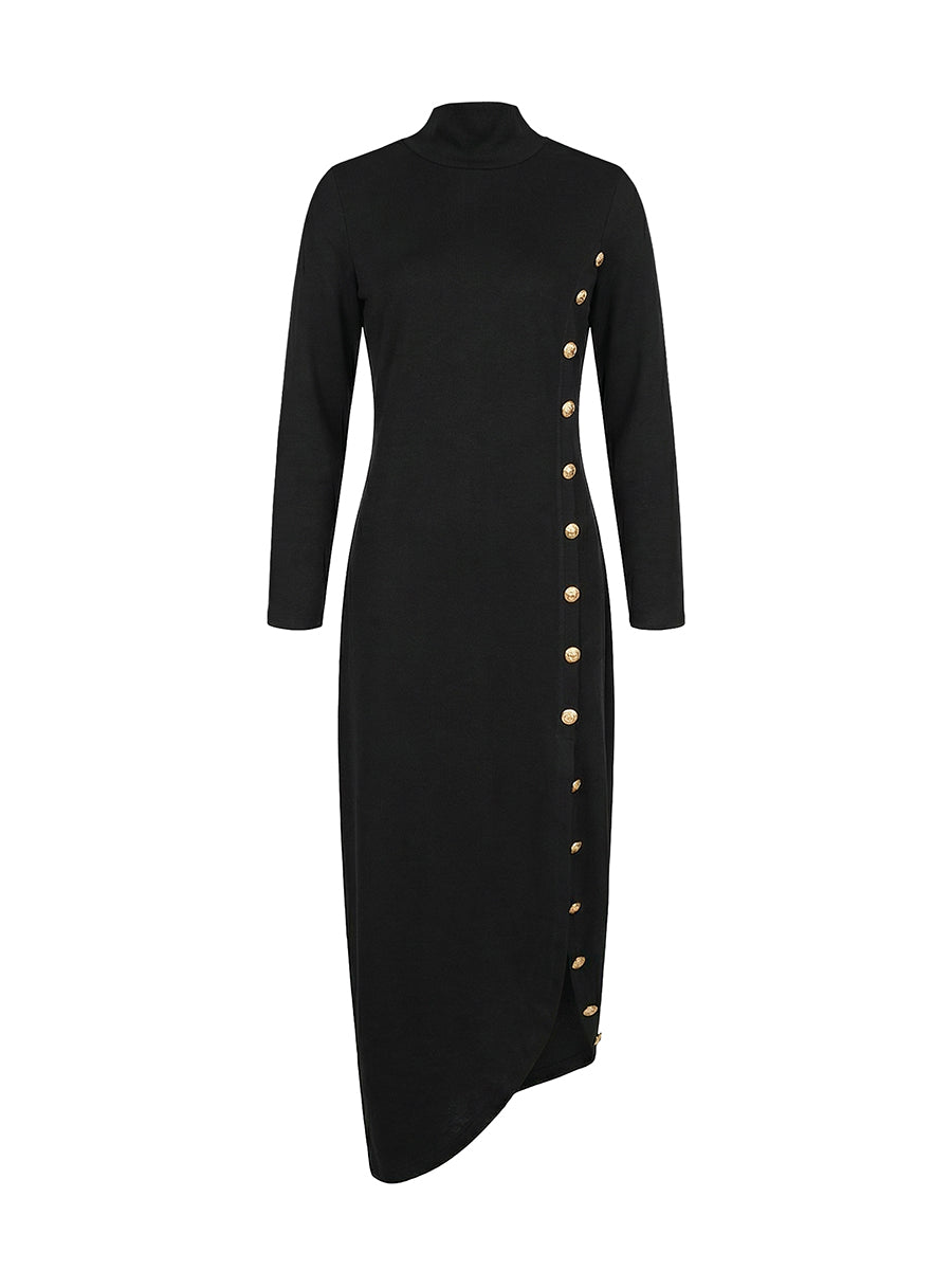 Olivia Bennet | Long Sleeves Loose Asymmetric Buttoned Split-Joint Split-Side Mock Neck Maxi Dresses