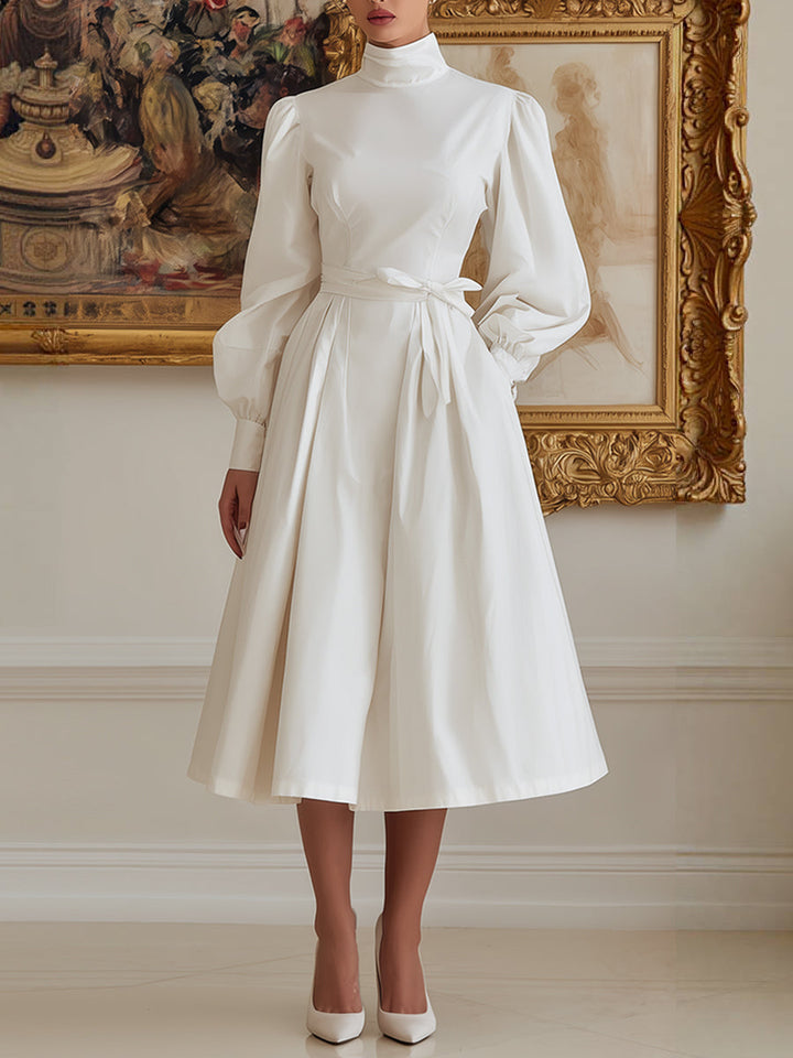 Olivia Bennet | A-Line High Waisted Pleated Pockets Solid Color Tied Waist High Neck Midi Dresses
